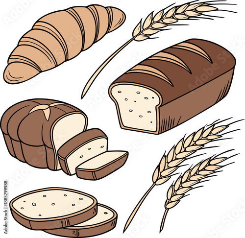 Various types of bread, including loaves, slices, and rolls, are arranged against a stark white background. The image showcases a collection of baked goods, each distinct in shape, size, and crust typ