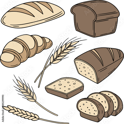 Various types of bread, including loaves, slices, and rolls, are arranged against a stark white background. The image showcases a collection of baked goods, each distinct in shape, size, and crust typ
