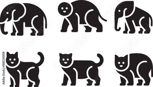 Canvas Print Black and white stylized elephants and cats with outlined details on white backg