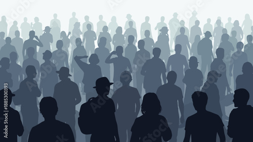 Large Crowd Silhouettes Mysterious Fog Group People.