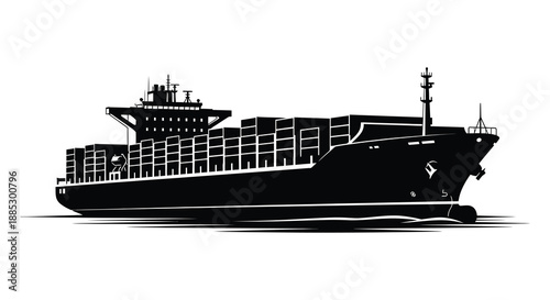 A striking black and white illustration depicts a large cargo ship sailing on water showcasing a bold and dramatic silhouette