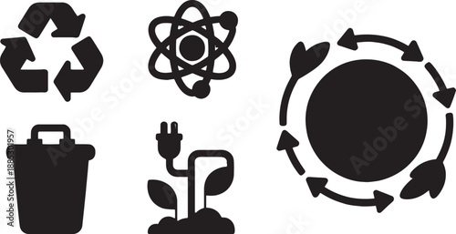 Collection of solid black icons representing environmental concepts such as recycling, atomic energy, sustainable power from plants, and waste disposal.