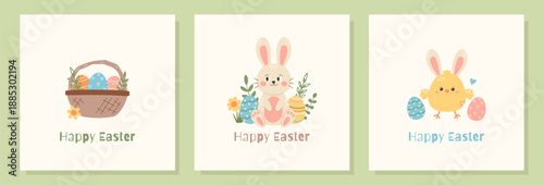 Set of cute Easter greeting card with bunny, chick and basket with eggs. Vector illustration 