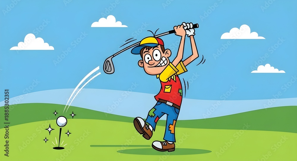 Fototapeta premium Funny golfer in playful expression cartoon style