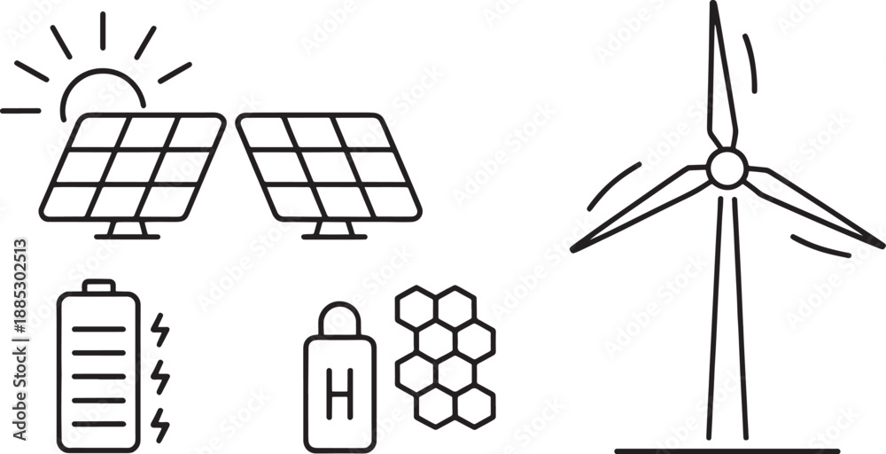 Obraz premium Various renewable energy technology components including solar panels, a wind turbine, batteries, and hydrogen storage are depicted in a graphic set.