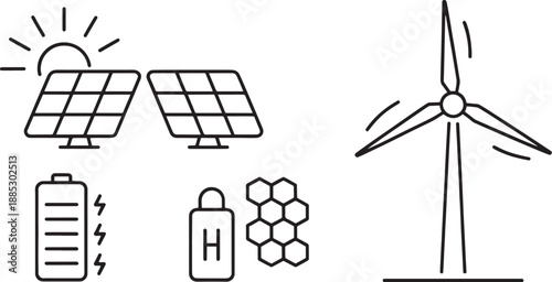 Various renewable energy technology components including solar panels, a wind turbine, batteries, and hydrogen storage are depicted in a graphic set.