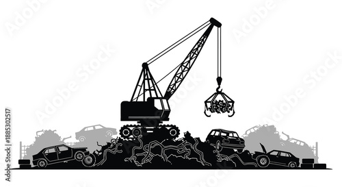 A striking black silhouette depicts a large industrial crane amidst a junkyard of crushed vehicles and debris silhouette high quality professional