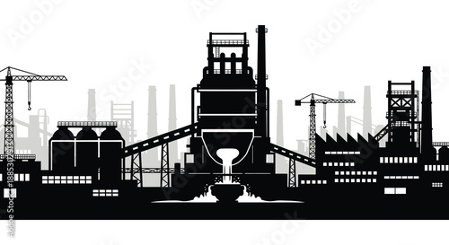 a striking black and white cityscape displays industrial buildings cranes and a factory creating a dramatic silhouette high quality professional detailed