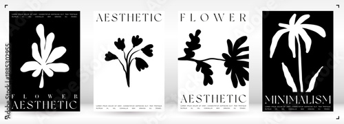 Trendy Groovy Vector Illustration Set in Matisse style. Modern print with nature irregular shapes.  Plants, flowers and leaves in hand drawn style.