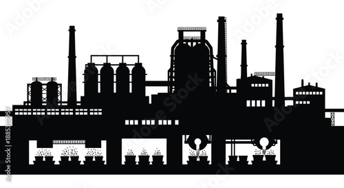 a stark industrial landscape is presented as a dramatic black silhouette showcasing factory structures and figures against a white background silhouette