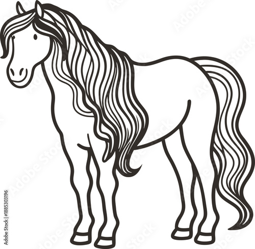 Elegant horse with long flowing mane and tail, simple line art drawing of a standing equine animal
