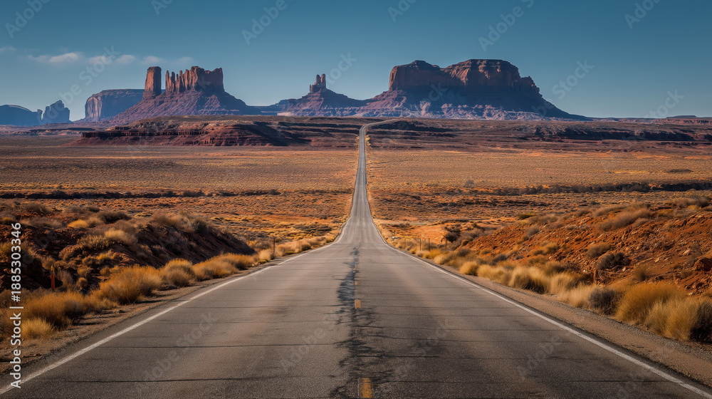 Fototapeta premium long, straight highway stretches toward iconic sandstone formations in Monument Valley, capturing the spirit of adventure and vastness of the American Southwest