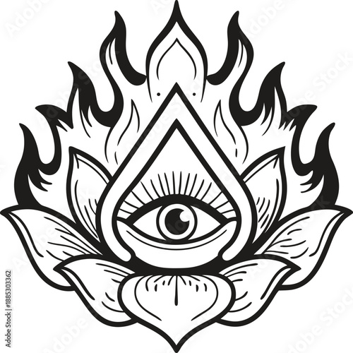 Mystical all seeing eye inside teardrop shape on lotus flower with flames spiritual symbol black and white design