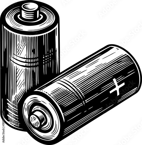 two cylindrical batteries with positive and negative terminals, power energy source concept
