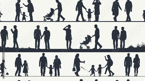 Silhouettes of people walking with children and strollers.