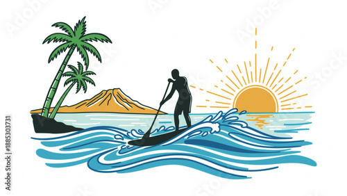 Paddleboarder at sunrise with palm volcano