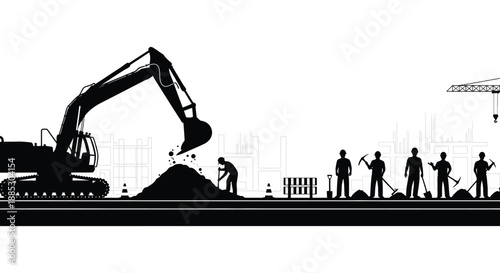 Construction scene depicting heavy machinery workers and building structures presented in a striking black and white silhouette high quality professional detailed