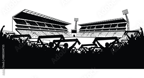 A striking black and white illustration depicts a large stadium filled with spectators capturing a dynamic sporting event silhouette high quality