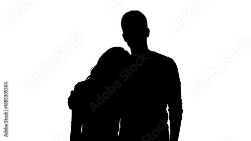 Silhouette of a couple embracing against a white background.