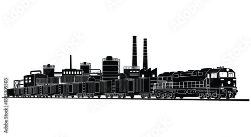 a striking black and white depiction of a locomotive and industrial buildings forming a dramatic skyline silhouette high quality professional detailed