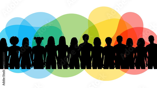 Diverse Group of People Silhouettes Against Colorful Circles.