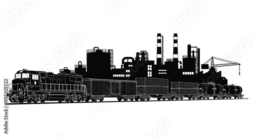 a dramatic depiction of an industrial cityscape with a prominent train smokestacks and construction rendered as a striking silhouette high quality