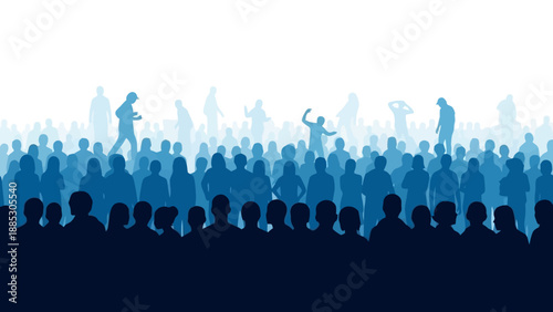 Large Crowd Of People Silhouettes Blue Tones.