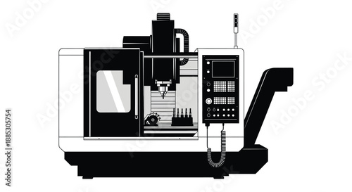 Detailed illustration of an industrial computer numerical control milling machine showcasing its internal components and control panel silhouette high quality professional