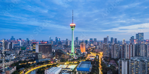Photography Aerial photography of the skyline night view of TV Tower in Chengdu, Sichuan, Ch