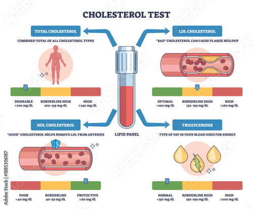 Cholesterol test lipid panel shows LDL, HDL, and triglycerides with blood vial and artery graphics, explaining risk levels and ranges. Outline diagram