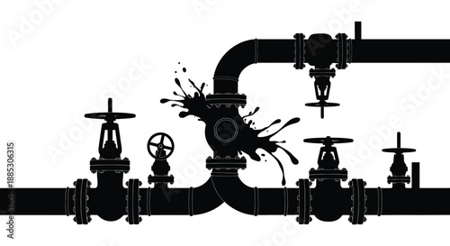 Industrial pipeline system with valves junctions and a splash effect is dramatically presented in a stark black silhouette high quality professional