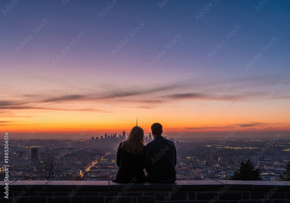 Fototapeta premium Couple enjoying a breathtaking city panorama at sunset, embracing a peaceful romantic moment together