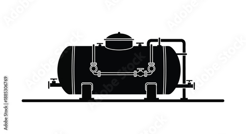 A detailed black and white illustration depicting a large industrial tank with various valves and fittings presented as a silhouette