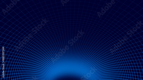 Blue Digital Tunnel or Wormhole Wireframe. Abstract Mesh with Hole. 3D Tunnel Grid Mesh inside Tube. Blue Hi Tech Texture. Technology or Science Vector Illustration.