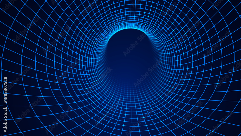 Fototapeta premium Blue Digital Tunnel or Wormhole Wireframe. Abstract Mesh with Hole. 3D Tunnel Grid Mesh inside Tube. Blue Hi Tech Texture. Technology or Science Vector Illustration.