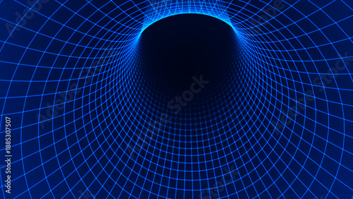 Blue Digital Tunnel or Wormhole Wireframe. Abstract Mesh with Hole. 3D Tunnel Grid Mesh inside Tube. Blue Hi Tech Texture. Technology or Science Vector Illustration.