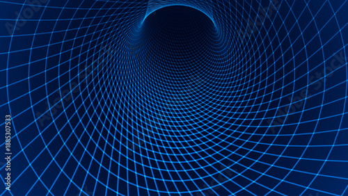 Blue Digital Tunnel or Wormhole Wireframe. Abstract Mesh with Hole. 3D Tunnel Grid Mesh inside Tube. Blue Hi Tech Texture. Technology or Science Vector Illustration.