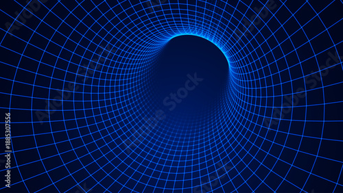 Blue Digital Tunnel or Wormhole Wireframe. Abstract Mesh with Hole. 3D Tunnel Grid Mesh inside Tube. Blue Hi Tech Texture. Technology or Science Vector Illustration.