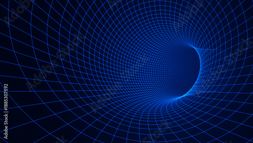 Blue Digital Tunnel or Wormhole Wireframe. Abstract Mesh with Hole. 3D Tunnel Grid Mesh inside Tube. Blue Hi Tech Texture. Technology or Science Vector Illustration.