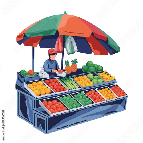 Vibrant Fruit Stand Display with Vendor Under Colorful Umbrella.