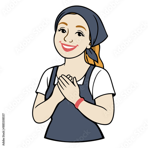 Happy woman showing gratitude with smile and hands