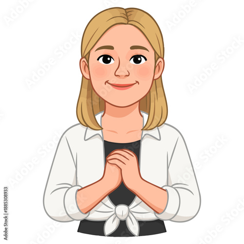 Young woman smiling with hands clasped in front