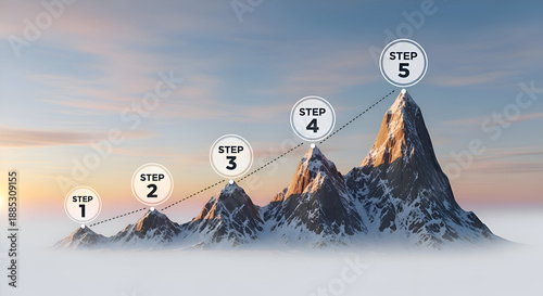 Five steps to success represented by a progression of mountains with numbered markers against a sunrise sky.