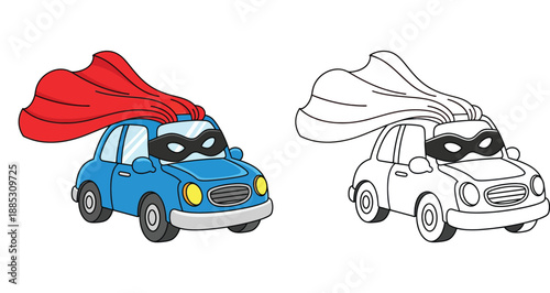 Cute superhero car cartoon character with red cape and mask. Vector illustration with colored and black and white outline for coloring book page.