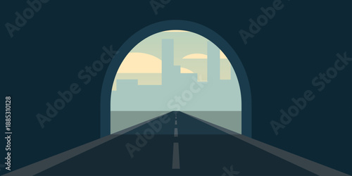 Tunnel interior silhouette illustration. Dark arched walls framing a bright open sky ahead. Road surface with lane lines leading forward. Quiet transition space.