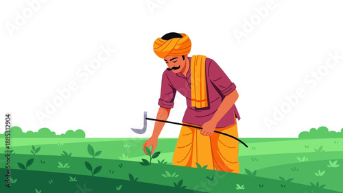 An Indian farmer in traditional clothing is working in a lush green field with an agricultural tool, depicted in a colorful vector illustration with a serene rural mood.
