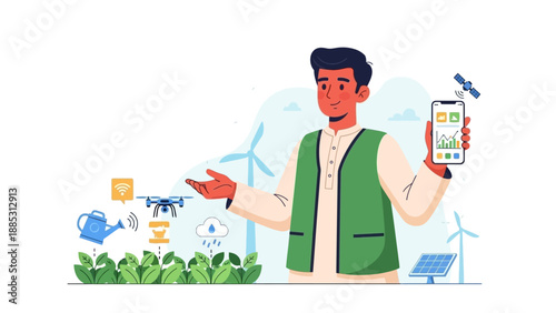 An Indian farmer holds a smartphone and gestures towards eco-friendly icons, including solar panels and wind turbines, in a colorful illustration with lush greenery.