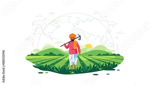 Illustration of an Indian farmer standing in a lush green agricultural field with a hoe over his shoulder, set against a simple background with a subtle world map outline.