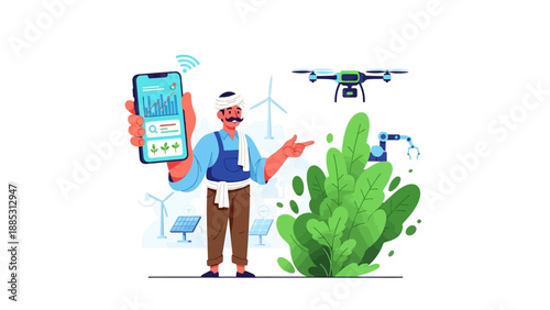 Illustration of an Indian farmer holding a smartphone with a drone flying above, surrounded by green plants and wind turbines, representing agriculture and technology.
