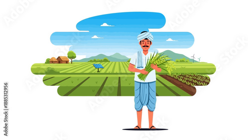 Illustration of an Indian farmer standing in a lush green agricultural field with a serene landscape background, wearing traditional attire.